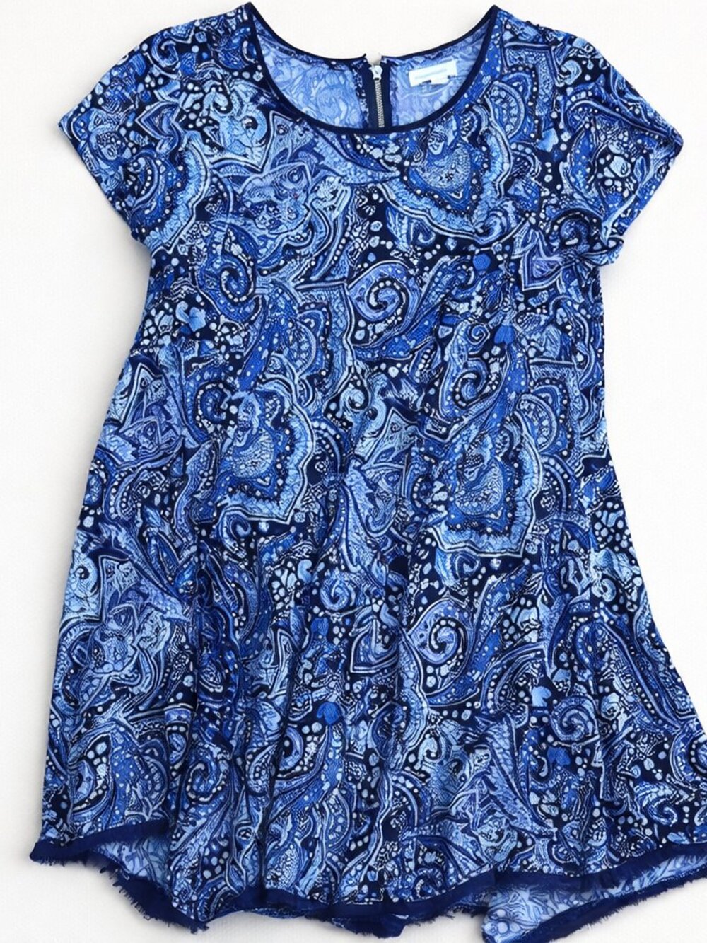 Blue Paisley Print Dress Short Sleeve Flowy Fit Boho Chic Summer Casual
